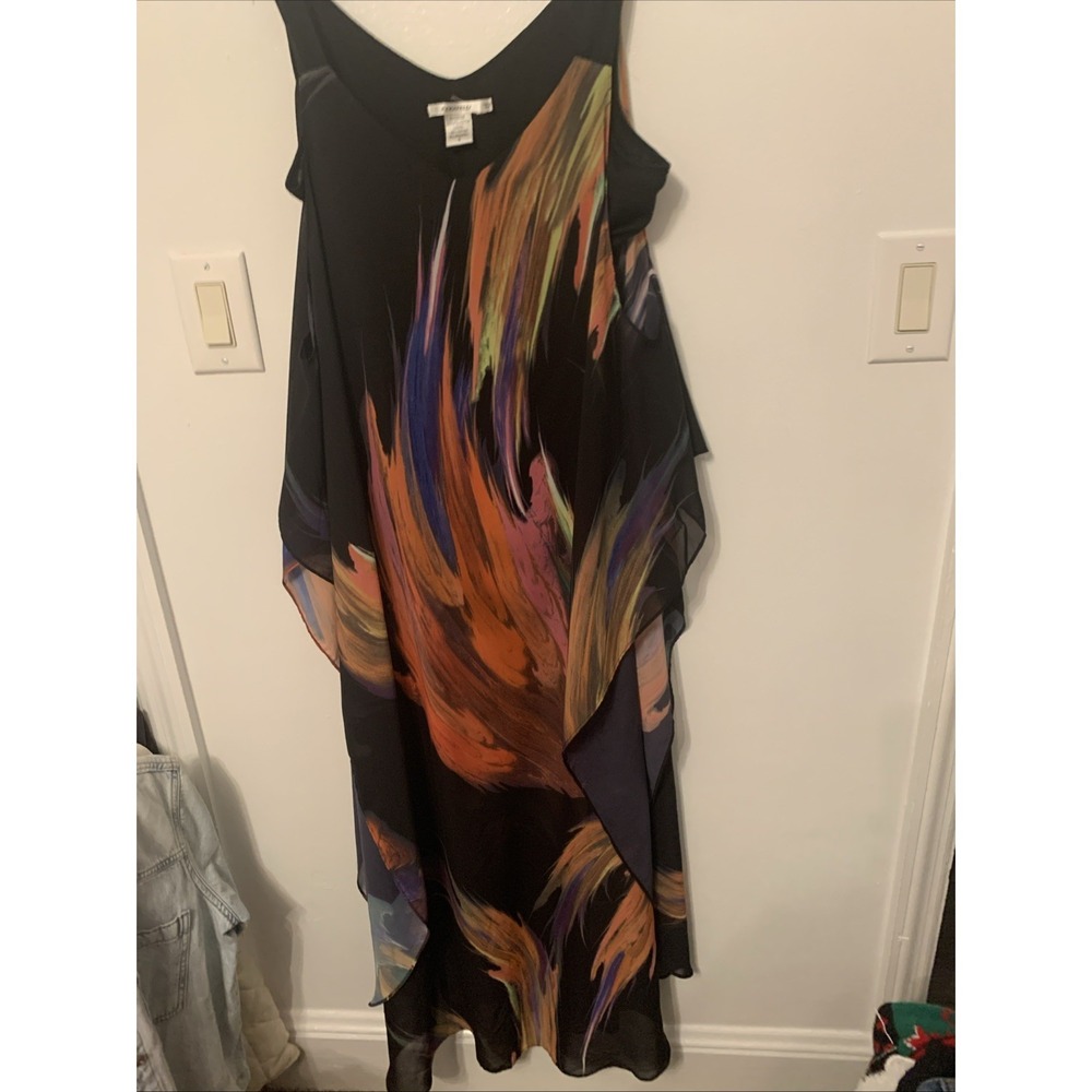 Feratelli Womens Small Layered Tank Dress Asymmetric Hem Black Multi Color